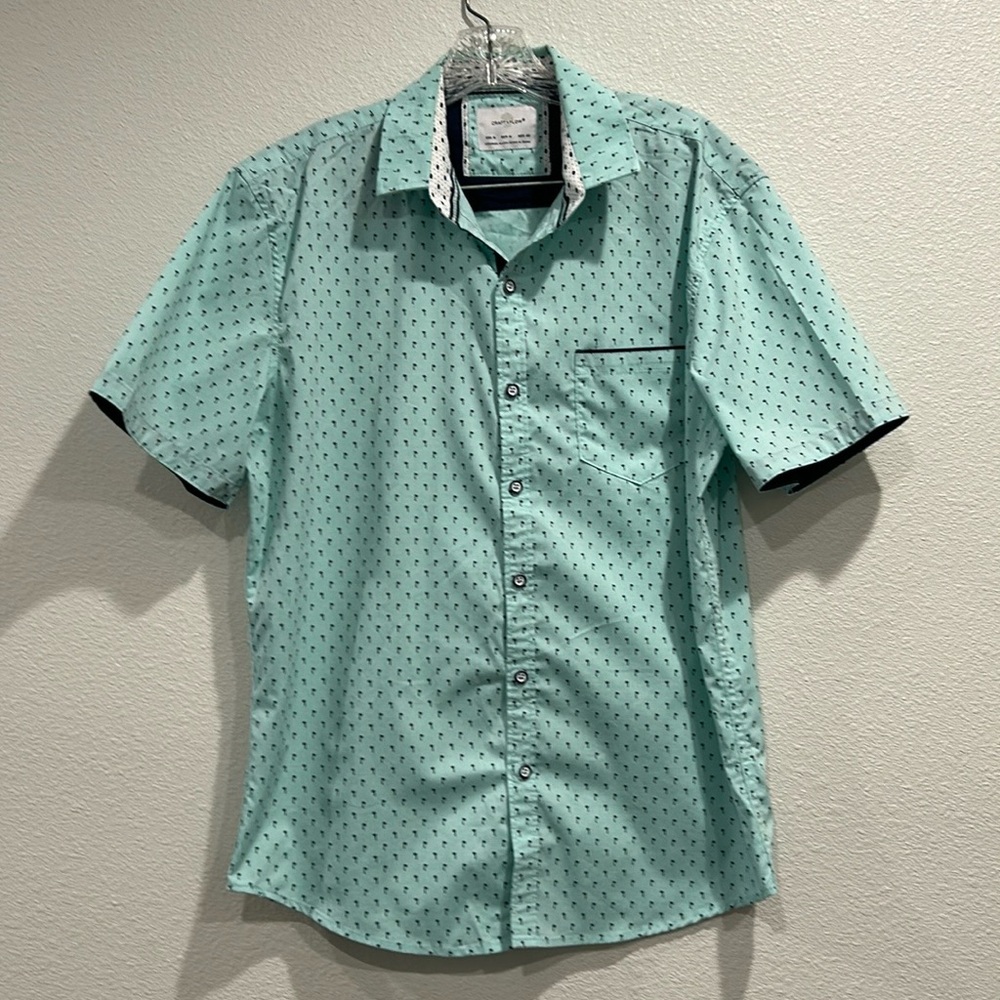 Croft + Flow Woven Spearmint Navy Blue Palm Trees Short Sleeve Button shirt Med